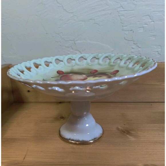 Lefton Vintage Hand Painted Pedestal Pierced Compote Dish Gilded Fruit 7x4" - Picture 4 of 9